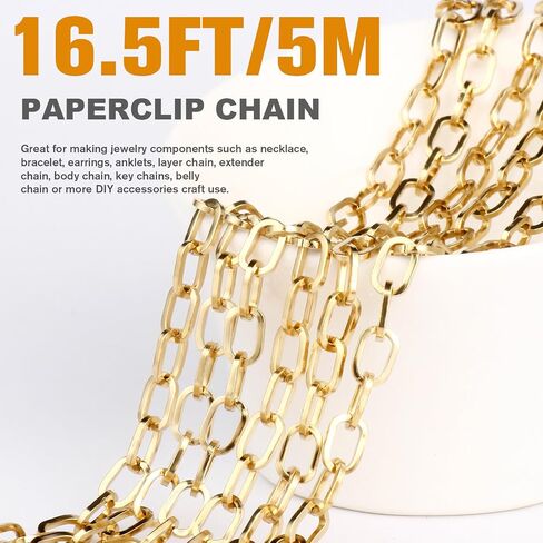 16.5FT 18K Gold Plated Paperclip Chains Roll, 4.3mm Gold Stainless Steel Textured Paperclip Link Chains Spool Bulk for Jewelry Making in Saudi Arabia