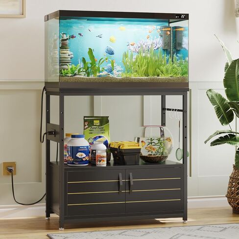 Bestier 20-29 Gallon Fish Tank Stand with Storage, Modern Aquarium Stand with Power Outlets, 31x15 Metal Reptile Terrarium Stand with Cabinet, Hook, and Adjustable Feet,350 Lbs Capacity(Black) in Saudi Arabia