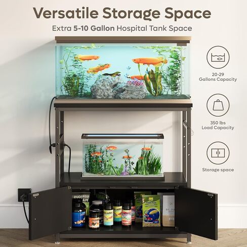 Bestier 20-29 Gallon Fish Tank Stand with Storage, Modern Aquarium Stand with Power Outlets, 31x15 Metal Reptile Terrarium Stand with Cabinet, Hook, and Adjustable Feet,350 Lbs Capacity(Black) in Saudi Arabia