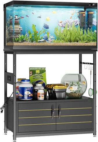 Bestier 20-29 Gallon Fish Tank Stand with Storage, Modern Aquarium Stand with Power Outlets, 31x15 Metal Reptile Terrarium Stand with Cabinet, Hook, and Adjustable Feet,350 Lbs Capacity(Black) in Saudi Arabia