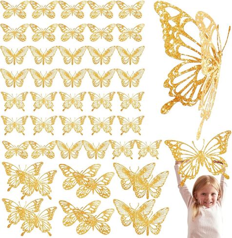 Yeaqee 24 Pcs Large Butterfly Party Decoration 3D Butterflies Wall Decor Set 2 Sizes 3 Styles Large Stickers for Birthday Baby Shower Nursery Bedroom Wedding Decor Cutouts (Gold) in Saudi Arabia