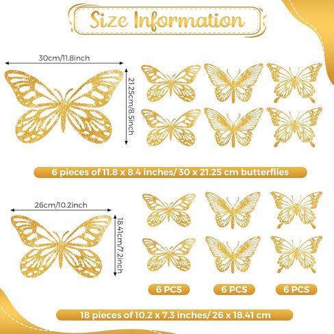 Yeaqee 24 Pcs Large Butterfly Party Decoration 3D Butterflies Wall Decor Set 2 Sizes 3 Styles Large Stickers for Birthday Baby Shower Nursery Bedroom Wedding Decor Cutouts (Gold) in Saudi Arabia