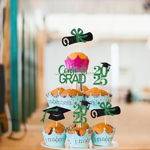 24Pack Glitter Graduation Cupcake Toppers Diploma Grad Cap Done Congrats 2025 Cupcake Picks Class of 2025 Cake Decorations for 2025 Graduation Theme Party Supplies(Gold) in Kuwait