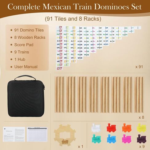 2-6 Players Mexican Train Dominoes Set with 6 Wooden Racks, 91 Tiles, Portable Case, Double 12 Dominos Set for Adults, Family Board Games for Adults, Valentines Day Gifts for Him Her Men Women Mom Dad in Saudi Arabia