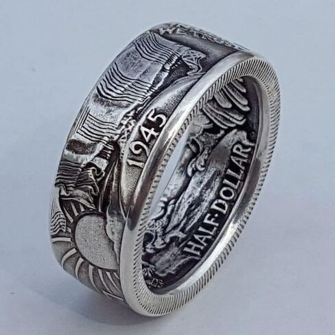Silver Morgan Dollar Coin Ring 1945 Morgan Dollar Ring - Morgan Silver Dollar Coin Design Ring - Coin Ring Men National Emblem Engraved Signet Rings for Men Women One Dollar Coin Rings Size 7 in Saudi Arabia