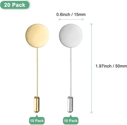 20-Pack Flat Round Tray Lapel Pin, Alloy DIY Boutonnieres Pins for Suit/Hat/Tie/Scarf Badge, Needle Corsage Safety Stick Blank Brooch Pin [1.97", Gold Tone] in Saudi Arabia