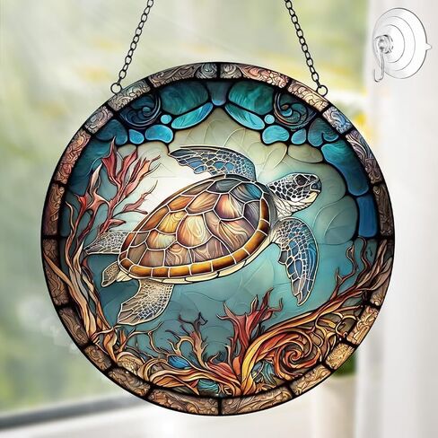 ديكور سلحفاة البحر Suncatcher نافذة زجاجية ملونة معلقة - شمس الشمس المصنوعة يدويًا للنوافذ مع السنانير - فن الزجاج الفني Sea Sun Casher في الهواء الطلق في الهواء الطلق هدايا عيد ميلاد لأمي جدة أمي in Kuwait