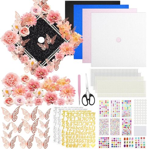 ZYNERY Graduation Cap Decorations Kit Grad Cap Topper Decor Includes Glitter Paper 3D Butterfly Faux Flower Letters Stickers, Cap Decorations for DIY Graduation Cap Topper (Pink) in Kuwait