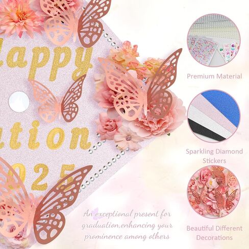 ZYNERY Graduation Cap Decorations Kit Grad Cap Topper Decor Includes Glitter Paper 3D Butterfly Faux Flower Letters Stickers, Cap Decorations for DIY Graduation Cap Topper (Pink) in Kuwait