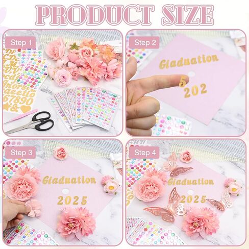 ZYNERY Graduation Cap Decorations Kit Grad Cap Topper Decor Includes Glitter Paper 3D Butterfly Faux Flower Letters Stickers, Cap Decorations for DIY Graduation Cap Topper (Pink) in Kuwait