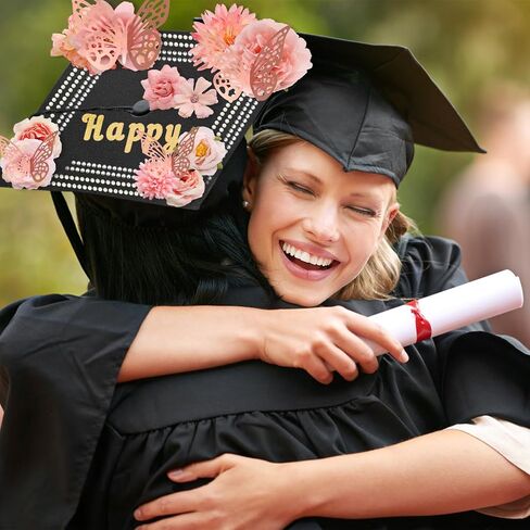 ZYNERY Graduation Cap Decorations Kit Grad Cap Topper Decor Includes Glitter Paper 3D Butterfly Faux Flower Letters Stickers, Cap Decorations for DIY Graduation Cap Topper (Pink) in Kuwait