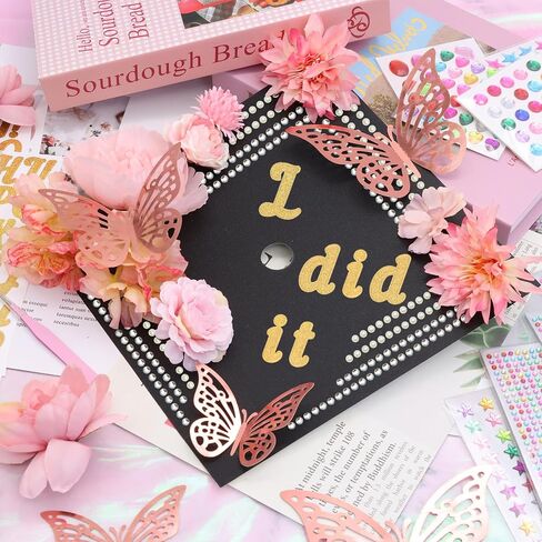 ZYNERY Graduation Cap Decorations Kit Grad Cap Topper Decor Includes Glitter Paper 3D Butterfly Faux Flower Letters Stickers, Cap Decorations for DIY Graduation Cap Topper (Pink) in Kuwait