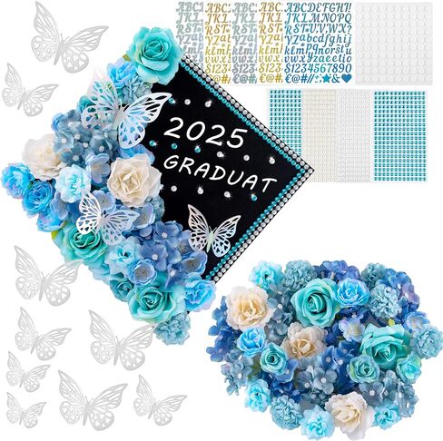 60 PCS Cap Cap Decorations 2025Graduation Cap Decorations Kit 3Dbutterfly ملصقات التخرج Cap Flowers DIY Cap Cap Decorations Party (Blue) in Kuwait