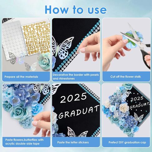 60 PCS Cap Cap Decorations 2025Graduation Cap Decorations Kit 3Dbutterfly ملصقات التخرج Cap Flowers DIY Cap Cap Decorations Party (Blue) in Kuwait