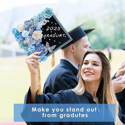 60 PCS Cap Cap Decorations 2025Graduation Cap Decorations Kit 3Dbutterfly ملصقات التخرج Cap Flowers DIY Cap Cap Decorations Party (Blue) in Kuwait