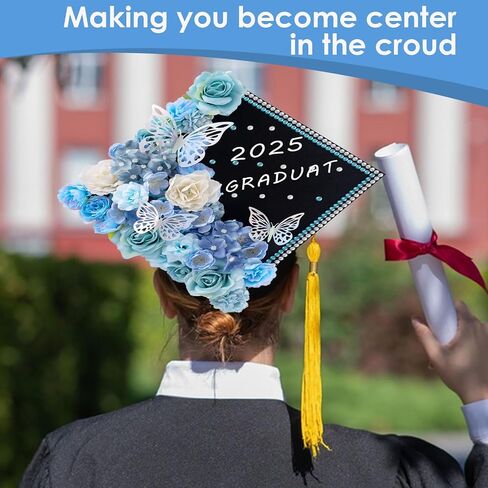 60 PCS Cap Cap Decorations 2025Graduation Cap Decorations Kit 3Dbutterfly ملصقات التخرج Cap Flowers DIY Cap Cap Decorations Party (Blue) in Kuwait