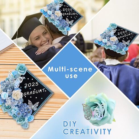 60 PCS Cap Cap Decorations 2025Graduation Cap Decorations Kit 3Dbutterfly ملصقات التخرج Cap Flowers DIY Cap Cap Decorations Party (Blue) in Kuwait