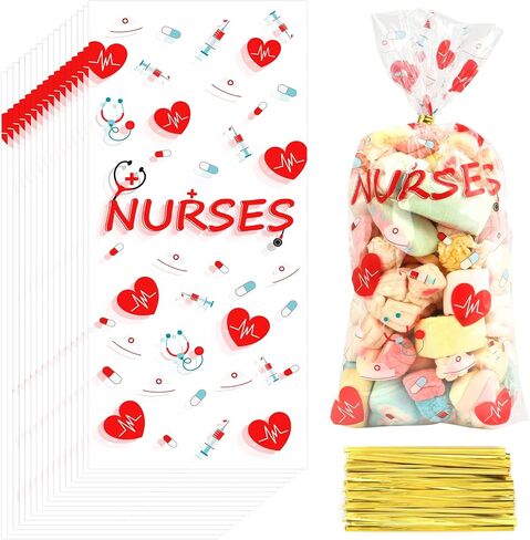 Nurse Gift Bag, Nurses Week Gifts, 60 PCS Nursing Cellophane Treat Bags, Clear Nurses Candy Goodie Cookie Bags with Twist Ties for National Nurse Day Nursing Graduation Congrats Party Favors Supplies in Kuwait