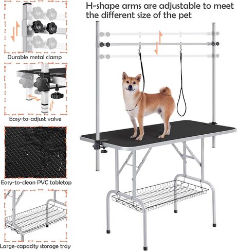 Yaheetech 46'' Pet Grooming Table for Large Dogs Adjustable Height Portable Trimming Table Drying Table w/Arm/Noose/Mesh Tray Maximum Capacity Up to 265Lb, Black in Saudi Arabia