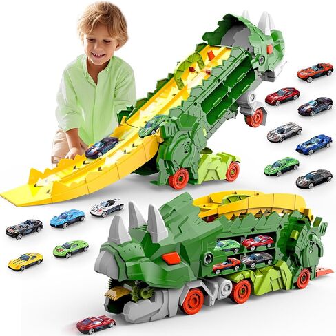 Dinosaur Truck Toys for Kids, Transforms into Triceratops with Race Track Set, Ultimate City Dinosaur Transporter Hauler with 4 Cars, Birthday Gifts Toys for Boys 3 4 5 6 7 8 Years Old Blue in Saudi Arabia
