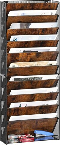 TQVAI Hanging Wall File Holder Organizer 10 Pockets, Wood Document Folders Magazine Paper Storage Rack, Wall Organizer for Office Classroom Clipboard Organization, Black/Vintage in Saudi Arabia