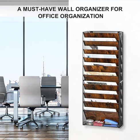 TQVAI Hanging Wall File Holder Organizer 10 Pockets, Wood Document Folders Magazine Paper Storage Rack, Wall Organizer for Office Classroom Clipboard Organization, Black/Vintage in Saudi Arabia