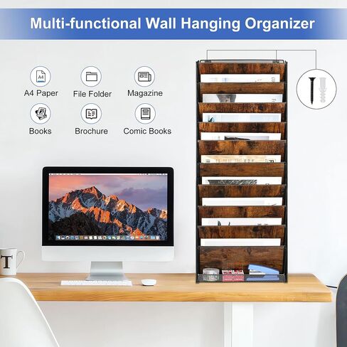TQVAI Hanging Wall File Holder Organizer 10 Pockets, Wood Document Folders Magazine Paper Storage Rack, Wall Organizer for Office Classroom Clipboard Organization, Black/Vintage in Saudi Arabia