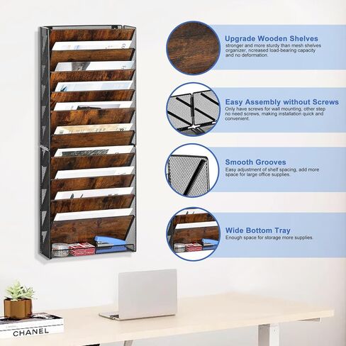 TQVAI Hanging Wall File Holder Organizer 10 Pockets, Wood Document Folders Magazine Paper Storage Rack, Wall Organizer for Office Classroom Clipboard Organization, Black/Vintage in Saudi Arabia