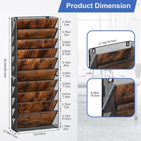 TQVAI Hanging Wall File Holder Organizer 10 Pockets, Wood Document Folders Magazine Paper Storage Rack, Wall Organizer for Office Classroom Clipboard Organization, Black/Vintage in Saudi Arabia