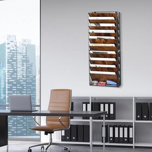TQVAI Hanging Wall File Holder Organizer 10 Pockets, Wood Document Folders Magazine Paper Storage Rack, Wall Organizer for Office Classroom Clipboard Organization, Black/Vintage in Saudi Arabia