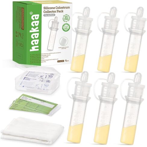haakaa Silicone Colostrum Collector Set Ready-to-Use Silicone Colostrum Collector Reusable to Collect, Feed & Store, with 2 Clear Storage Cases & 2 White Cotton Wipe (0.1oz/4ml, 12 PK) in Saudi Arabia