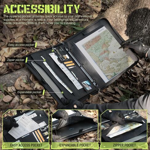 محفظة دفاتر تكتيكية محفظة بادوفوفيو رنين مع Zipper Army Military Bookner يحتوي على 25 ورقة ورقة A4 و Binder 3 حلقة القابلة للانفصال حقيبة المقبض متعددة التخزينات القابلة للفصل للعمل الخارجي in Saudi Arabia