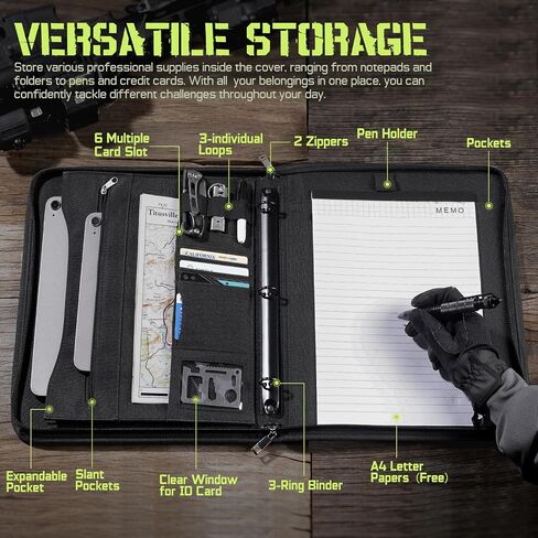 محفظة دفاتر تكتيكية محفظة بادوفوفيو رنين مع Zipper Army Military Bookner يحتوي على 25 ورقة ورقة A4 و Binder 3 حلقة القابلة للانفصال حقيبة المقبض متعددة التخزينات القابلة للفصل للعمل الخارجي in Saudi Arabia