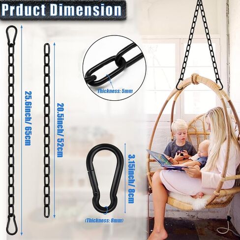 2 Pack Hanging Swing Chain with 4 Carabiners 25.6in, 660LB Capacity Heavy Duty Hammock Hardware Kit for Punching Bags, Swing Chairs, Indoor & Outdoor Gym (Black) in Kuwait