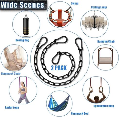 2 Pack Hanging Swing Chain with 4 Carabiners 25.6in, 660LB Capacity Heavy Duty Hammock Hardware Kit for Punching Bags, Swing Chairs, Indoor & Outdoor Gym (Black) in Kuwait
