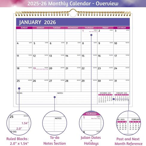 Wall Calendar 2025-2026 - 18 Monthly Calendar 2025-2026 Wall, Jan 2025 - Jun 2026, 14.57'' x 11.42'', 2025 Calendar with Ruled Blocks, Thick Paper, Holidays, To-do ＆ Notes, Amply Writing Space in Saudi Arabia
