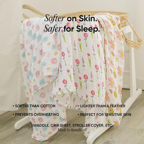 Bamboo Swaddle Blanket - 70% Bamboo, 30% Cotton - 2 Layer Soft & Breathable Muslin Cotton Blanket for Newborn/Infant/Toddler, Perfect for Boys & Girls, 47 x 47 Inches (Pack of 3) in Saudi Arabia