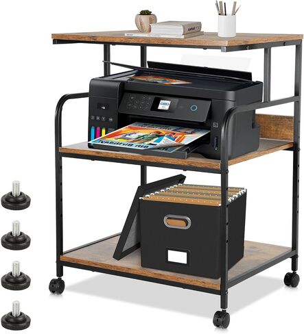 Large Printer Stand with Adjustable Storage Shelf, 3 Tier Printer Cart with Wheels, 23.6 x18.9 x 29.5 inches Prin ter Stand for Home Office, Stands for Heat Press Scanner Fax, Industrial Style, Brown in Kuwait