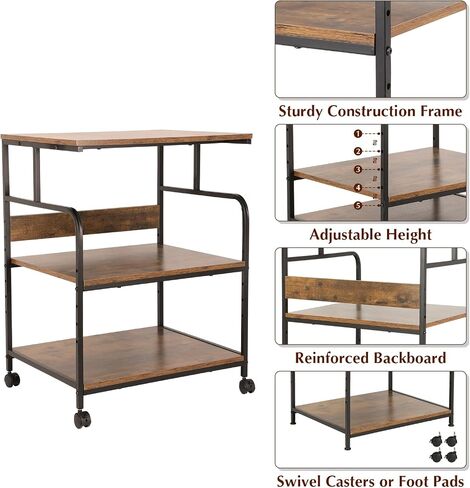 Large Printer Stand with Adjustable Storage Shelf, 3 Tier Printer Cart with Wheels, 23.6 x18.9 x 29.5 inches Prin ter Stand for Home Office, Stands for Heat Press Scanner Fax, Industrial Style, Brown in Kuwait