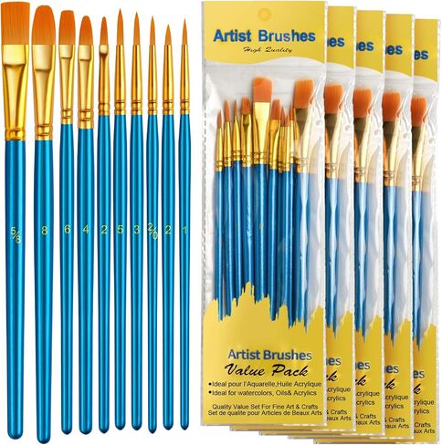Acrylic Paint Brushes Set, 50Pcs Round Pointed Tip Artist Paintbrushes for Acrylic Painting Oil Watercolor Canvas Boards Rock Body Face Nail Art, Halloween Pumpkin Ceramic Crafts Supplies，Blue in Saudi Arabia