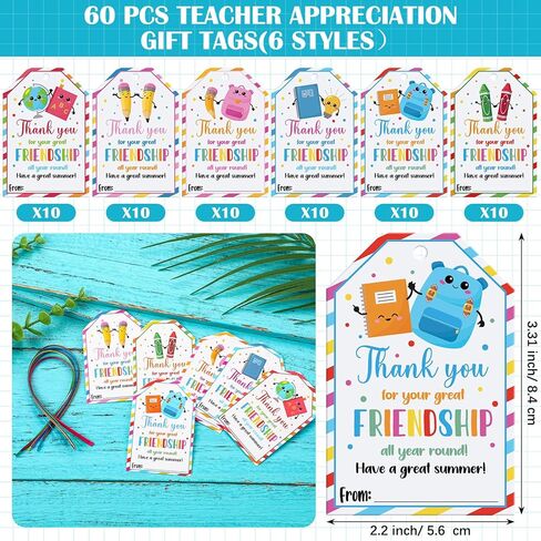 60 Pcs End of School Year Teacher Style Gift Tags with Strings Classroom Thank You Appreciation Gift Tags Graduation Summer Party Favor in Kuwait