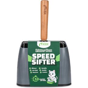 Cat Litter Scoop, Metal litter scooper with holder, Heavy Duty Cat Scooper for Litter Box, Kitty Litter Sifter, Stainless Steel Cat Litter Shovel with Comfortable Beech Wood Grip and Washable Stand