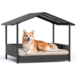 Greesum Wicker Dog House for Small/Medium Dogs, Outdoor Indoor Elevated Dog Shelter Dog Bed with Cushion, for Deck, Patio, Yard, Pool, Black House