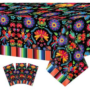 3 Pcs Mexican Fiesta Tablecloth Decorations, 108" x 54" Plastic Cinco De Mayo Table Cloth Dia De Los Muertos Table Cover Day of The Dead Decor for Taco Night Festive Mexico Colorful Ponchos Supplies