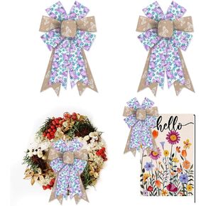 2 PCS Pink Floral Spring Bows for Wreath, Spring Vintage Rose Wreath Bows Idyllic Romantic Floral Bows for Front Door, Farmhouse Ornament Burple Tree Topper Bows for Holiday Indoor Outdoor Decor