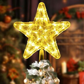 Christmas Tree Topper, Gold Glitter Hollow 5-Point Star Tree Topper, Tinsel Star Decoration with Christmas Tree Topper Base, Suitable for Decorating Yard Office Bistro Restaurant Party