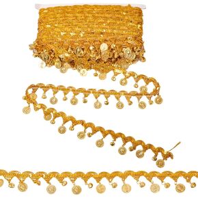 15 Yards Gold Coin Shape Sequin Tassel Trim, Women's Sequin Tassel Belly Trim Coins Belly Dance Hip Scarf Belt Trim Dance Tassel Sequins Tassel Fringe Trim National Dance Costume Accessory (Gold)