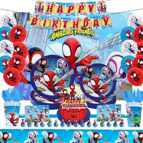 126Pcs Spider Themed Party Tableware- Includes 20Pcs Plates, Cups, Napkins, Balloons, Backdrop,Banner,knives, forks and spoons - Perfect for Kids' Birthday Party