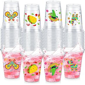 48 Pcs 12oz Fiesta Cups Mexican Plastic Cups Cinco De Mayo Clear Disposable for Fiesta Taco Birthday Party Drinkware Supplies Decorations