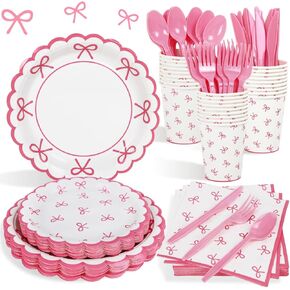 175Pcs Coquette Birthday Decorations Plates Set, Pink Bow Birthday Decorations Girls Birthday Plates Napkins Cups and Cutlery for 25 Guests
